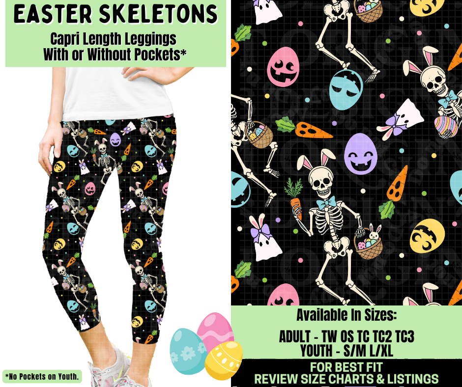 Preorder! Closes 1/19. ETA April. Easter Skeletons Capri Length Leggings w/wo Pockets