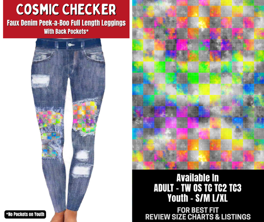 Preorder! Closes 10/26. ETA Jan. Cosmic Checker Full Length Faux Denim Peekaboo