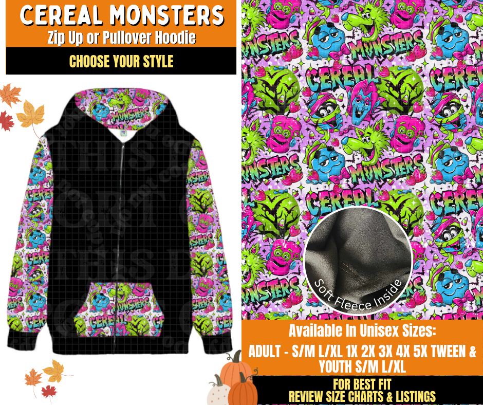 Preorder! Closes 7/16. ETA Oct. Cereal Monsters Zip-Up or Pullover Hoodie