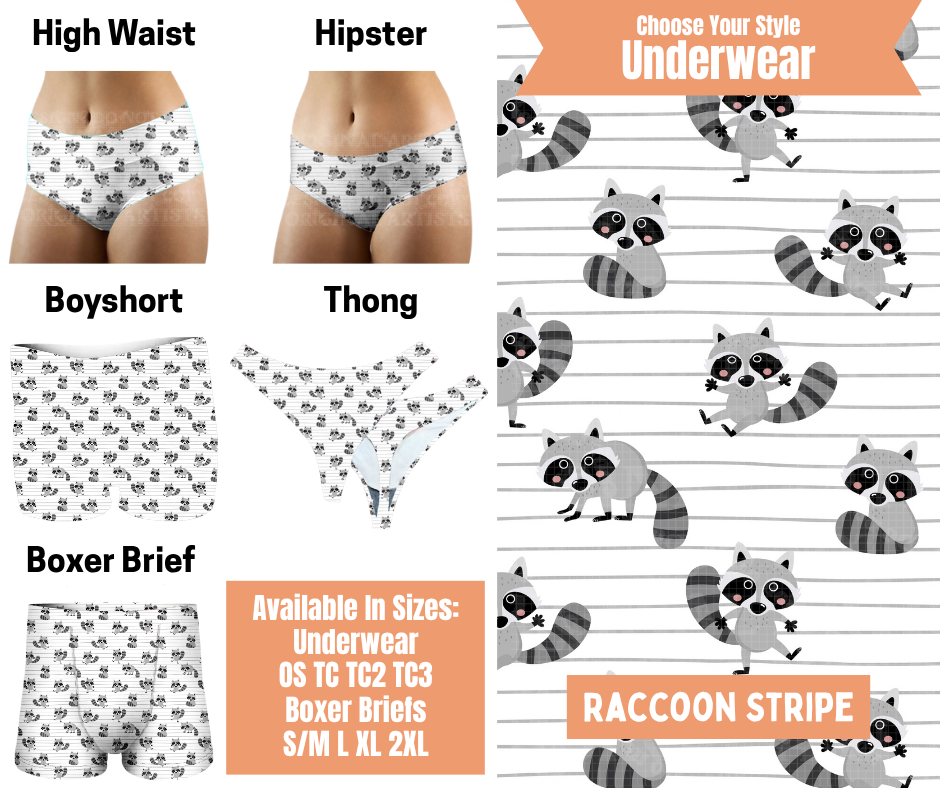 Preorder! Closes 11/5. ETA Feb. Raccoon Stripe Hipster, High Waist, Boyshort, & Thong Underwear & Boxer Briefs