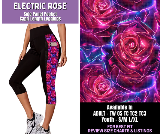 Preorder! Closes 12/18. ETA March. Electric Rose Side Panel Pocket Capri Length Leggings