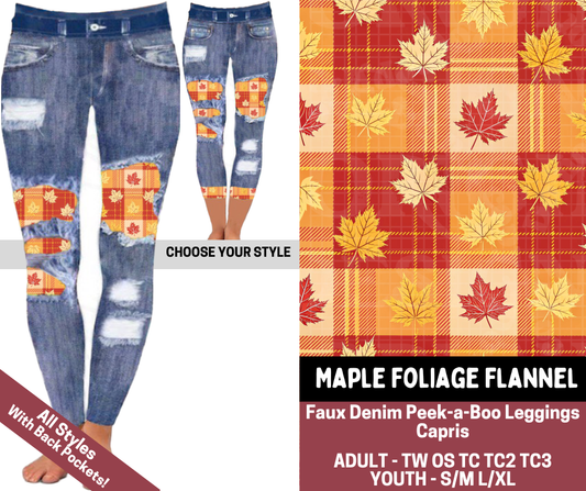 Preorder! Closes 7/23. ETA Oct. Maple Foliage Flannel Combo Faux Denim Peekaboo Legging Lengths