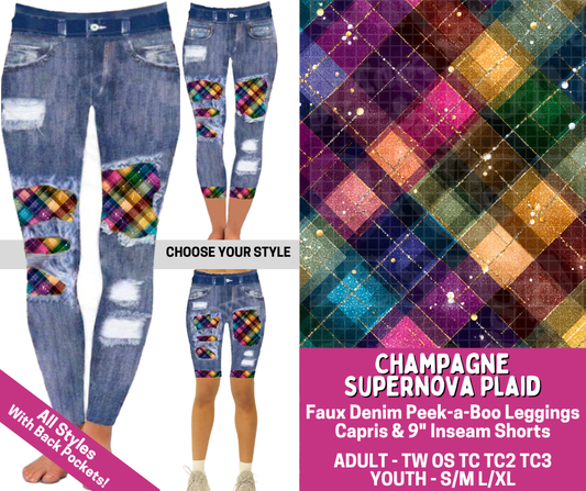 Preorder! Closes 6/18. ETA Sept. Champagne Supernova Plaid Combo Faux Denim Peekaboo Legging Lengths