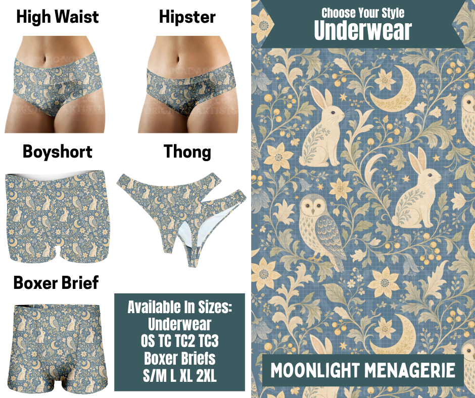 Preorder! Closes 9/30. ETA Dec. Moonlight Menagerie Hipster, High Waist, Boyshort, & Thong Underwear & Boxer Briefs