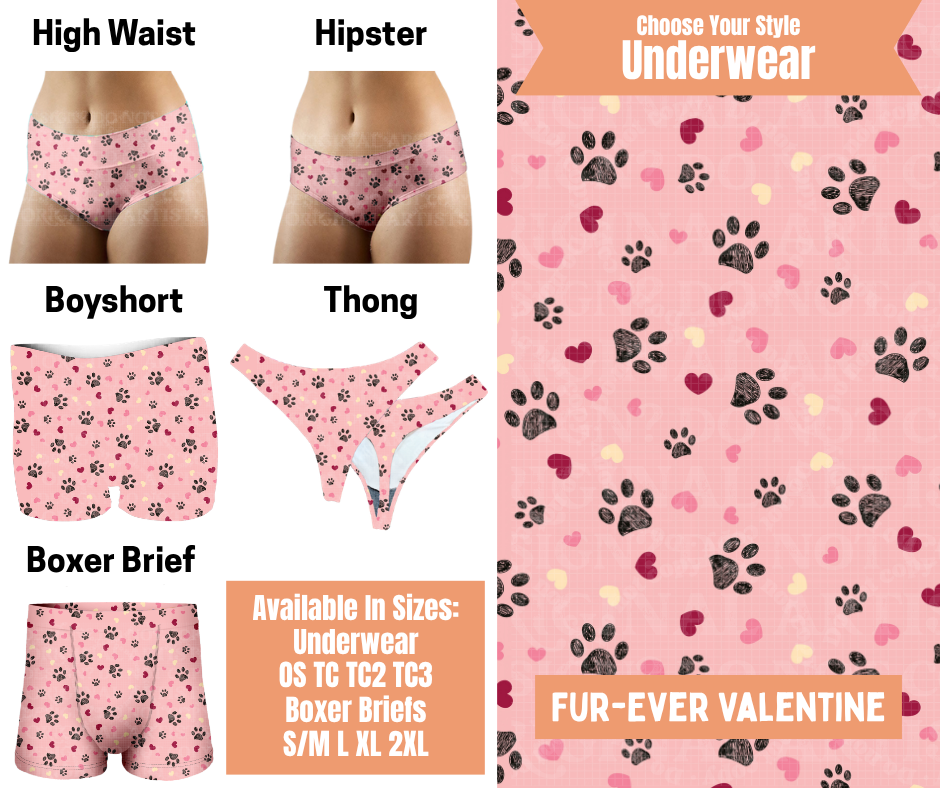 Preorder! Closes 11/5. ETA Feb. Fur-Ever Valentine Hipster, High Waist, Boyshort, & Thong Underwear & Boxer Briefs