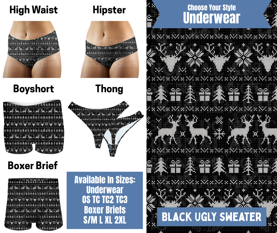 Preorder! Closes 8/26. ETA Nov. Black Ugly Sweater Hipster, High Waist, Boyshort, & Thong Underwear & Boxer Briefs