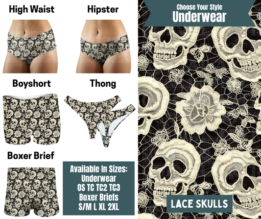 Preorder! Closes 9/30. ETA Dec. Lace Skulls Hipster, High Waist, Boyshort, & Thong Underwear & Boxer Briefs