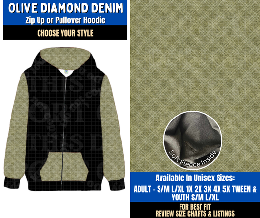 Preorder! Closes 9/16. ETA Dec. Olive Diamond Denim Zip-Up or Pullover Hoodie