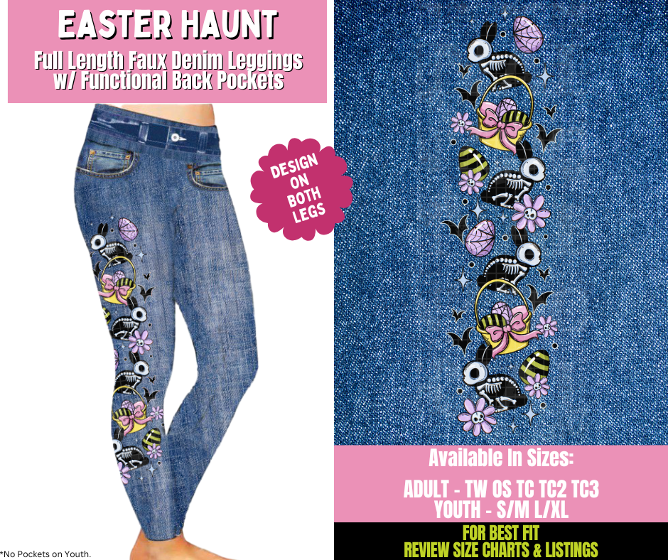 Preorder! Closes 1/21. ETA April. Easter Haunt Full Length Faux Denim w/ Side Leg Designs