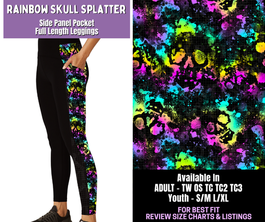 Preorder! Closes 12/18. ETA March. Rainbow Skull Splatter Side Panel Pocket Full Length Leggings