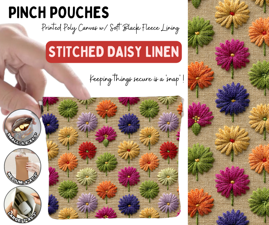 Preorder! Closes 10/5. ETA Jan. Stitched Daisy Linen Pinch Pouches in 3 Sizes