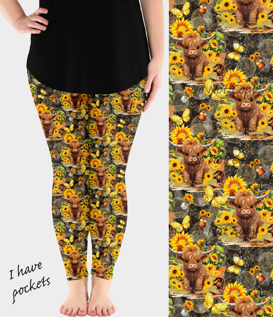 RTS - Sunflower Cow Leggings w/ Pockets