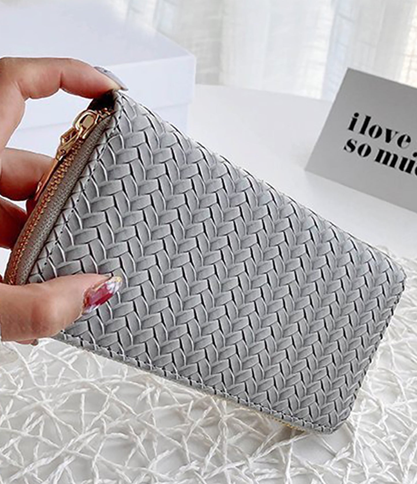 RTS - Grey Vegan Leather Woven Weave Zip Around Wallet