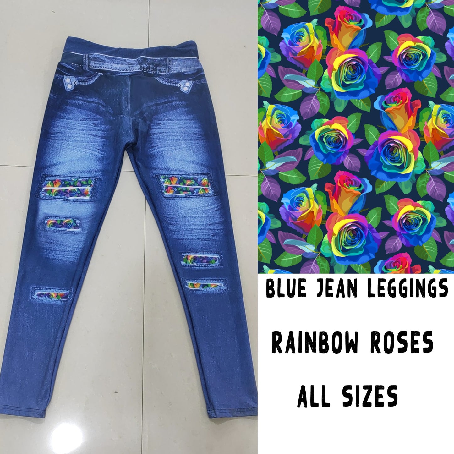 LEGGING JEAN RUN-RAINBOW ROSES (ACTIVE BACK POCKETS)