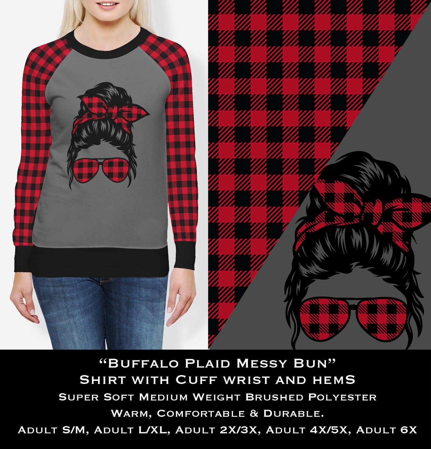 Buffalo Plaid Messy Bun - Cozy Comfort Sweatshirt