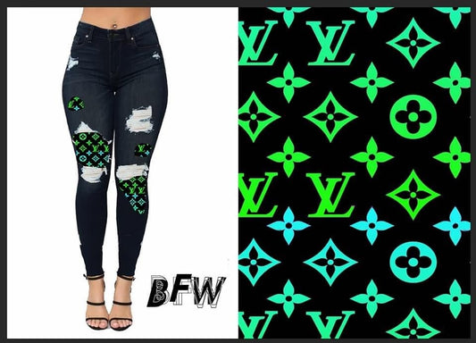 Green designer peekaboo denim Leggings, Lounge Pants and Joggers