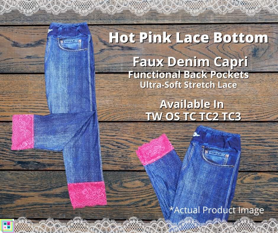 Blue Faux Denim Capris w/ Hot Pink Lace