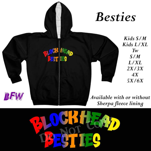 Blockhead Besties zip up hoodie with or without sherpa fleece lining Preorder #0914