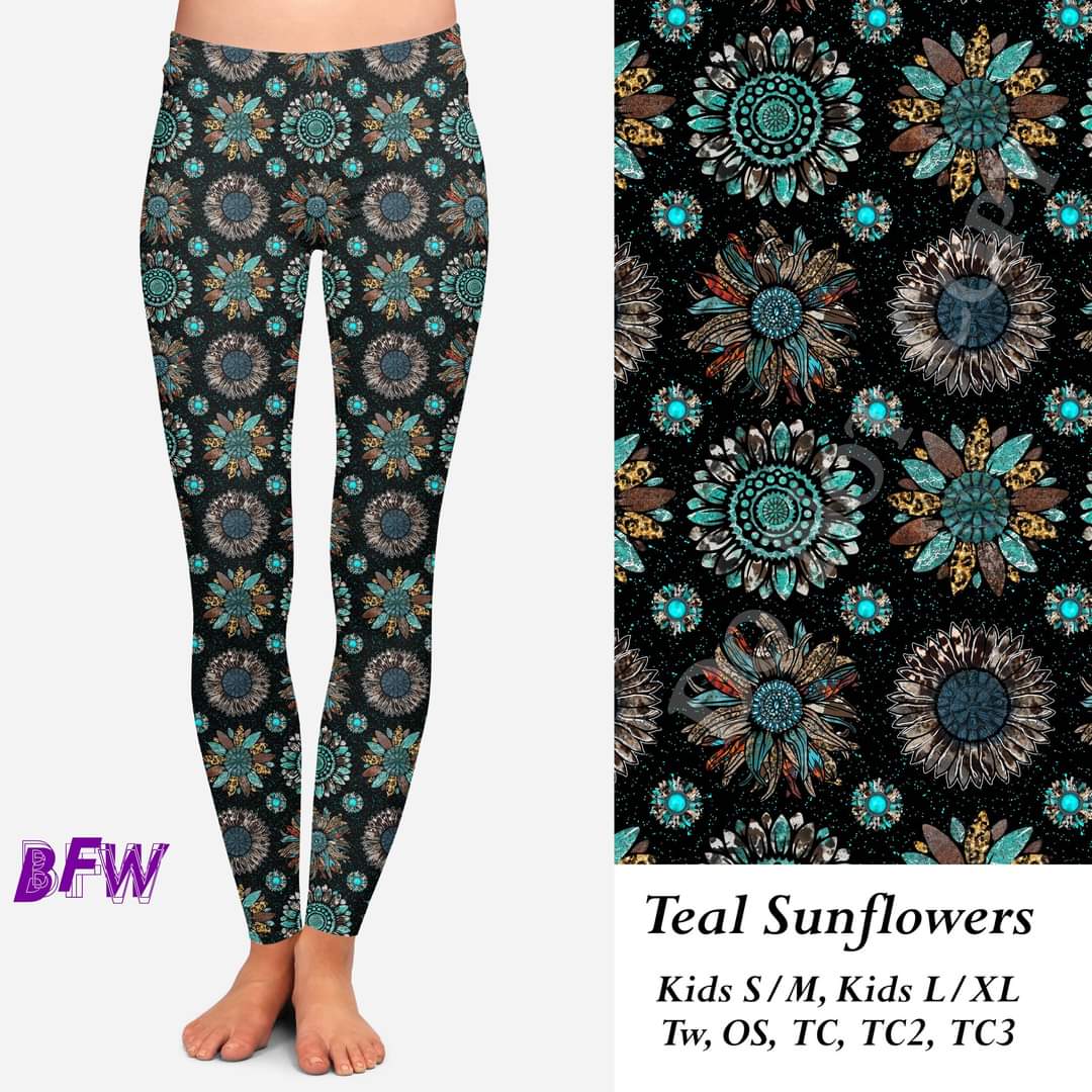 Teal sunflowers leggings, Capris, Full and Capri length loungers and joggers Preorder #0925