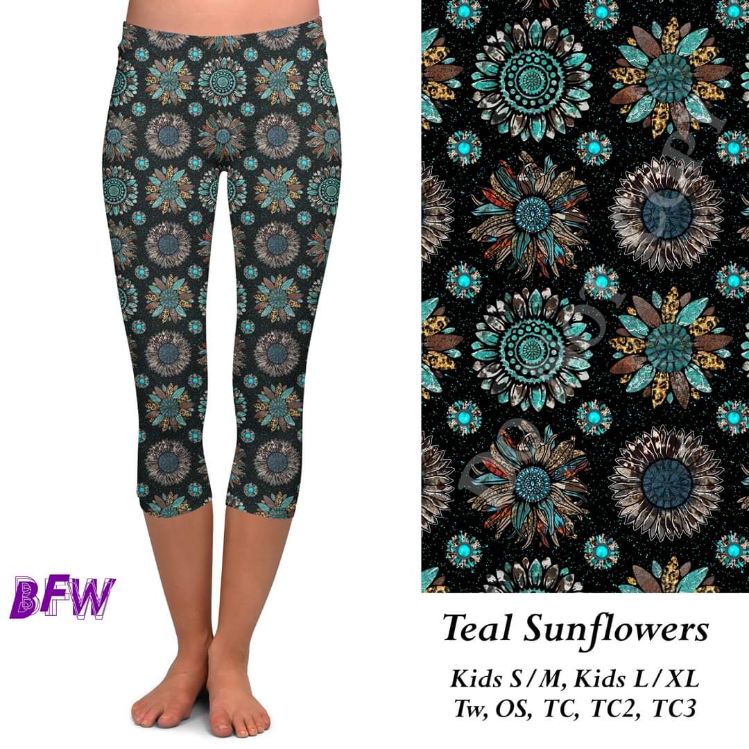 Teal sunflowers leggings, Capris, Full and Capri length loungers and joggers Preorder #0925