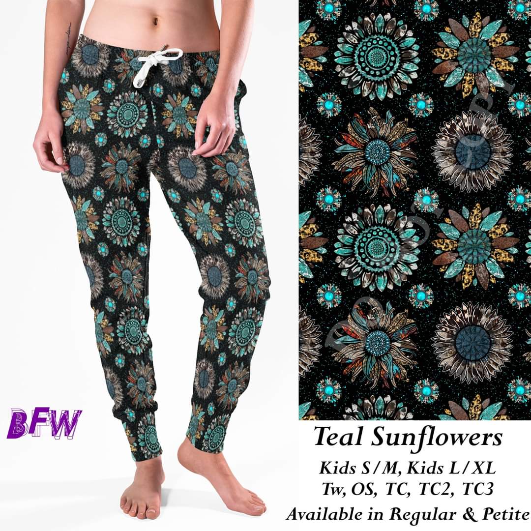 Teal sunflowers leggings, Capris, Full and Capri length loungers and joggers Preorder #0925