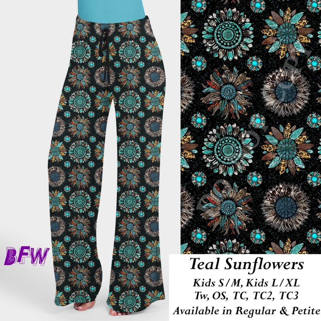 Teal sunflowers leggings, Capris, Full and Capri length loungers and joggers Preorder #0925