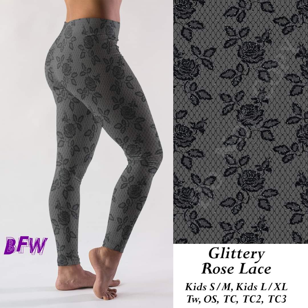 Glittery Rose Lace leggings, Capris, Full and Capri length loungers and joggers Preorder #1011