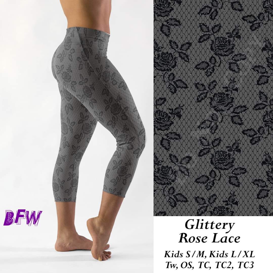 Glittery Rose Lace leggings, Capris, Full and Capri length loungers and joggers Preorder #1011