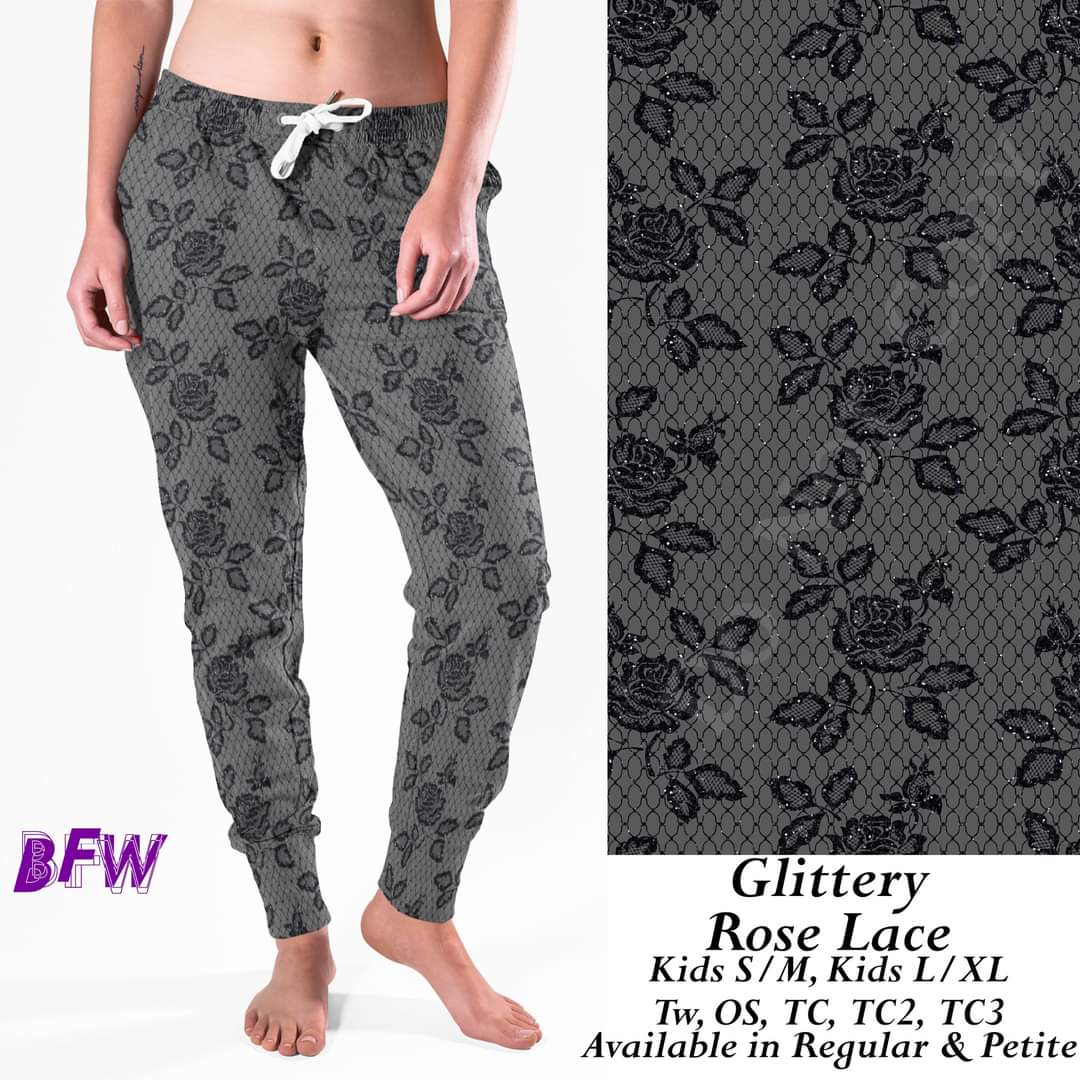 Glittery Rose Lace leggings, Capris, Full and Capri length loungers and joggers Preorder #1011