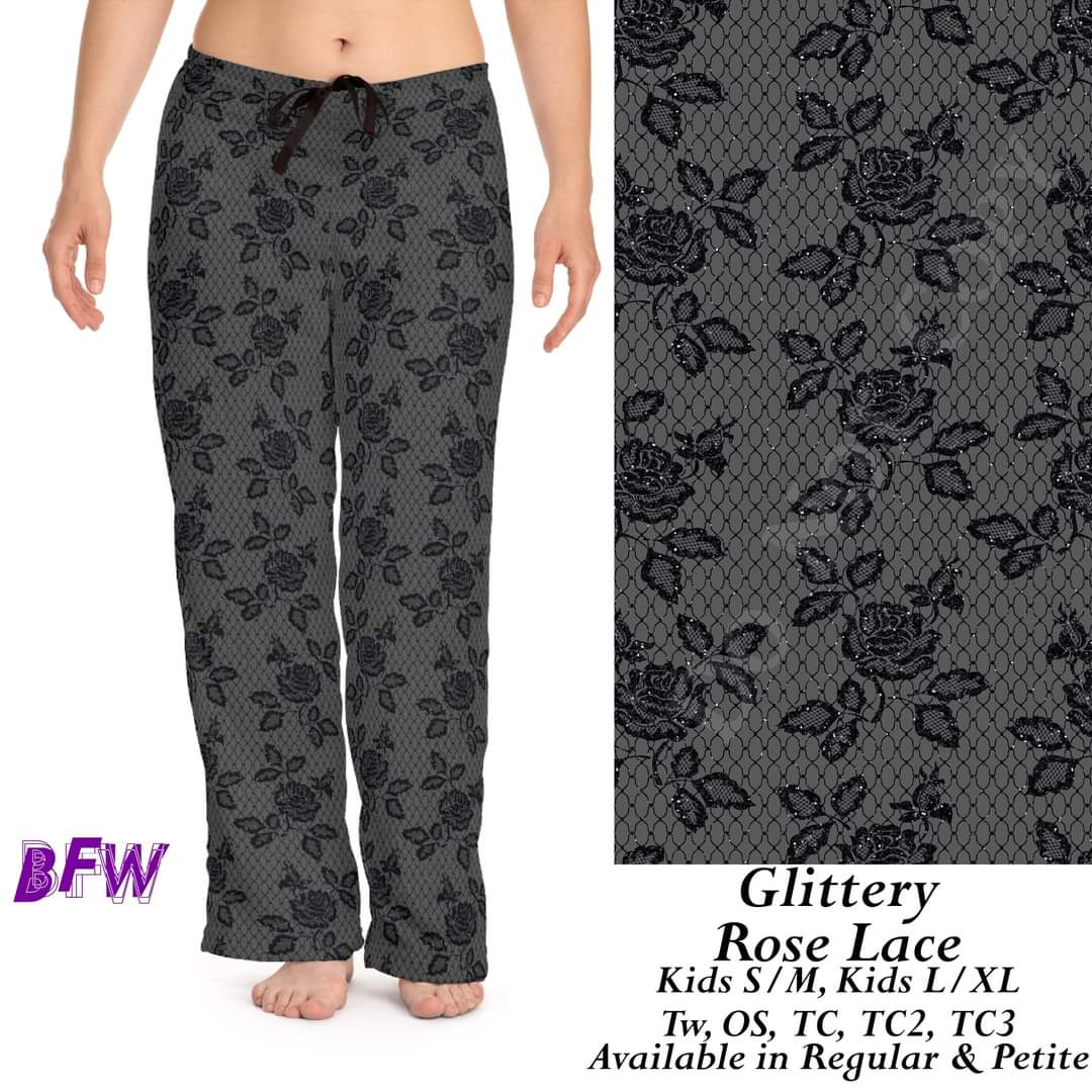 Glittery Rose Lace leggings, Capris, Full and Capri length loungers and joggers Preorder #1011