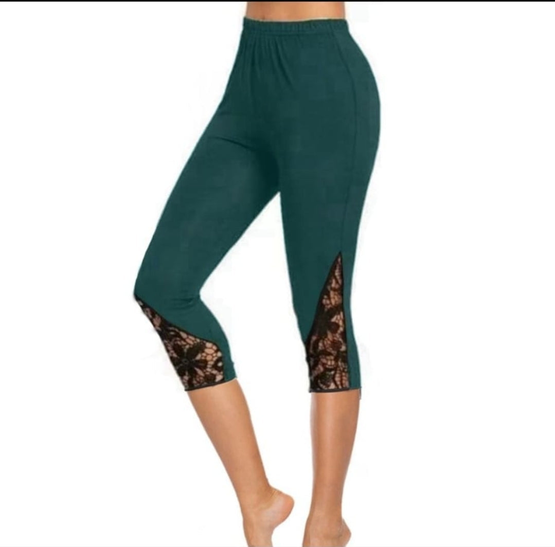 Dark Teal capris with Yoga waistband, pockets and lace inserts