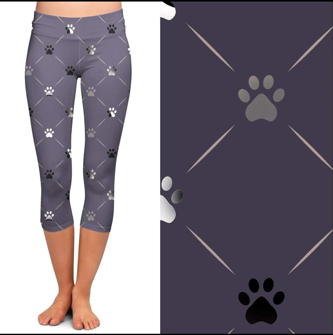 Purple paw leggings, capris, capris lounge pants, capri joggers and shorts