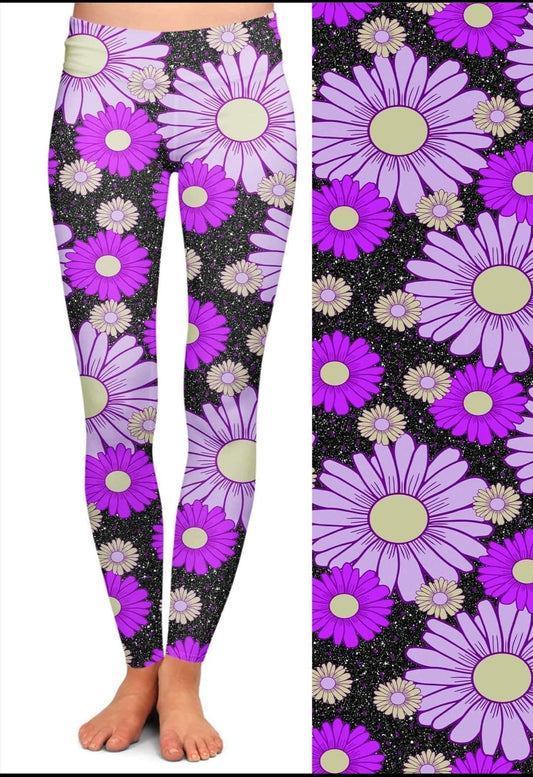 Purple Daisy Leggings, Capris, Capri Lounge Pants, Capri Joggers and shorts  Preorder #0718