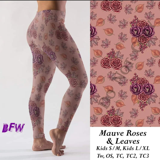 Mauve Roses leggings, Capris, Full and Capri length loungers and joggers Preorder #0909