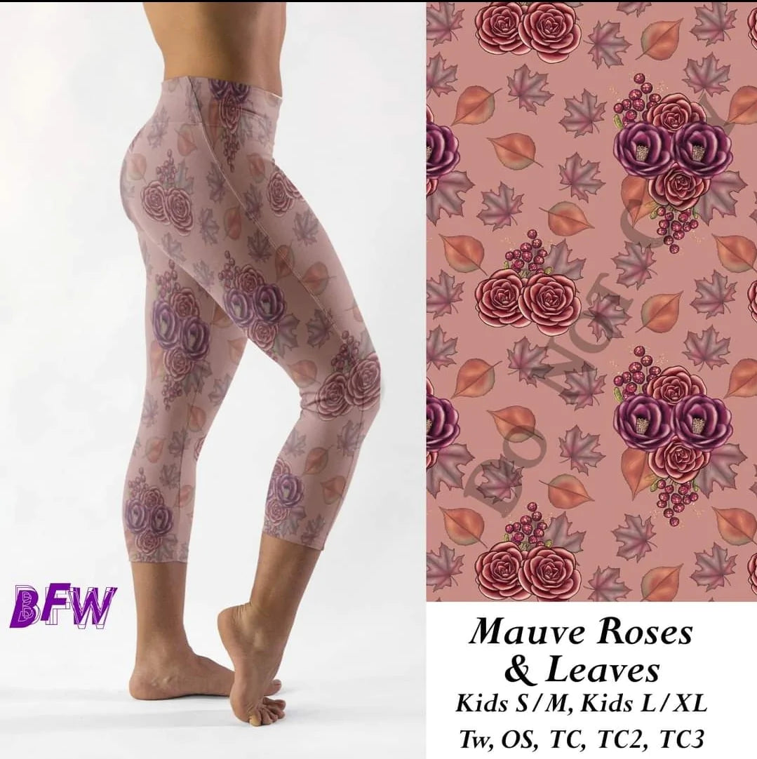 Mauve Roses leggings, Capris, Full and Capri length loungers and joggers Preorder #0909