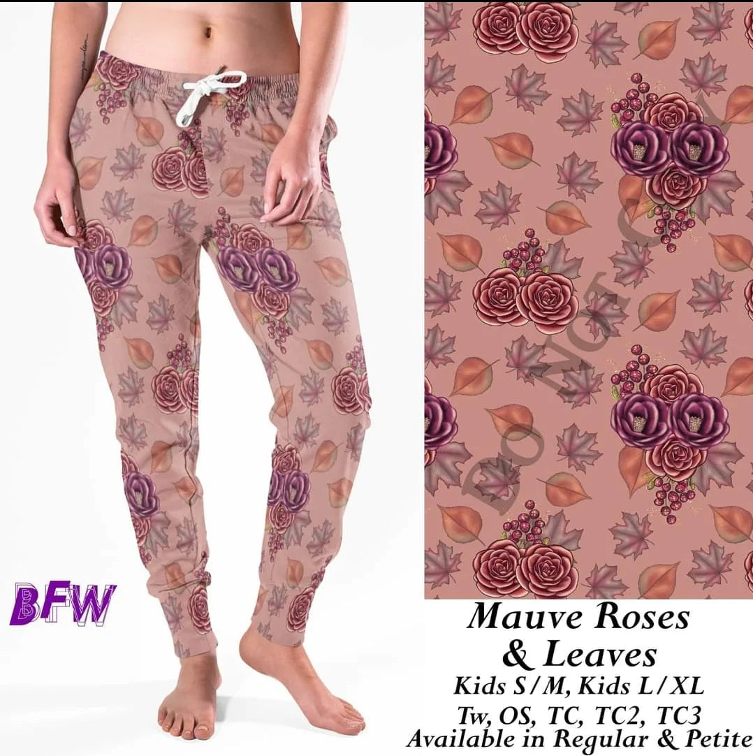 Mauve Roses leggings, Capris, Full and Capri length loungers and joggers Preorder #0909