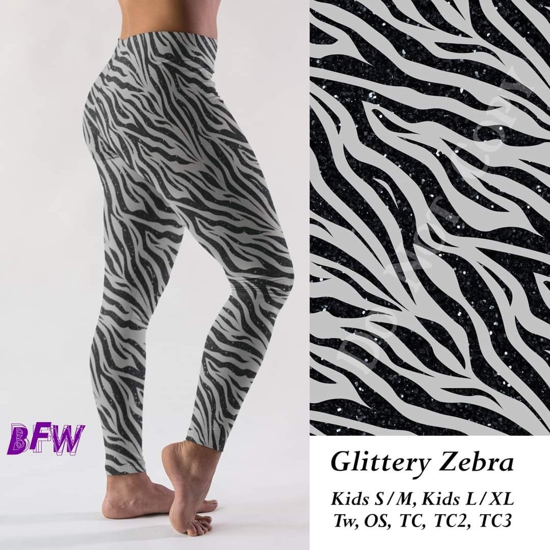 Glittery Zebra leggings, Capris, Full and Capri length loungers and joggers Preorder #1011