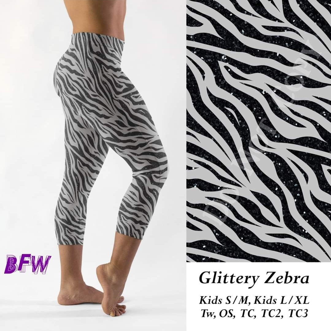 Glittery Zebra leggings, Capris, Full and Capri length loungers and joggers Preorder #1011