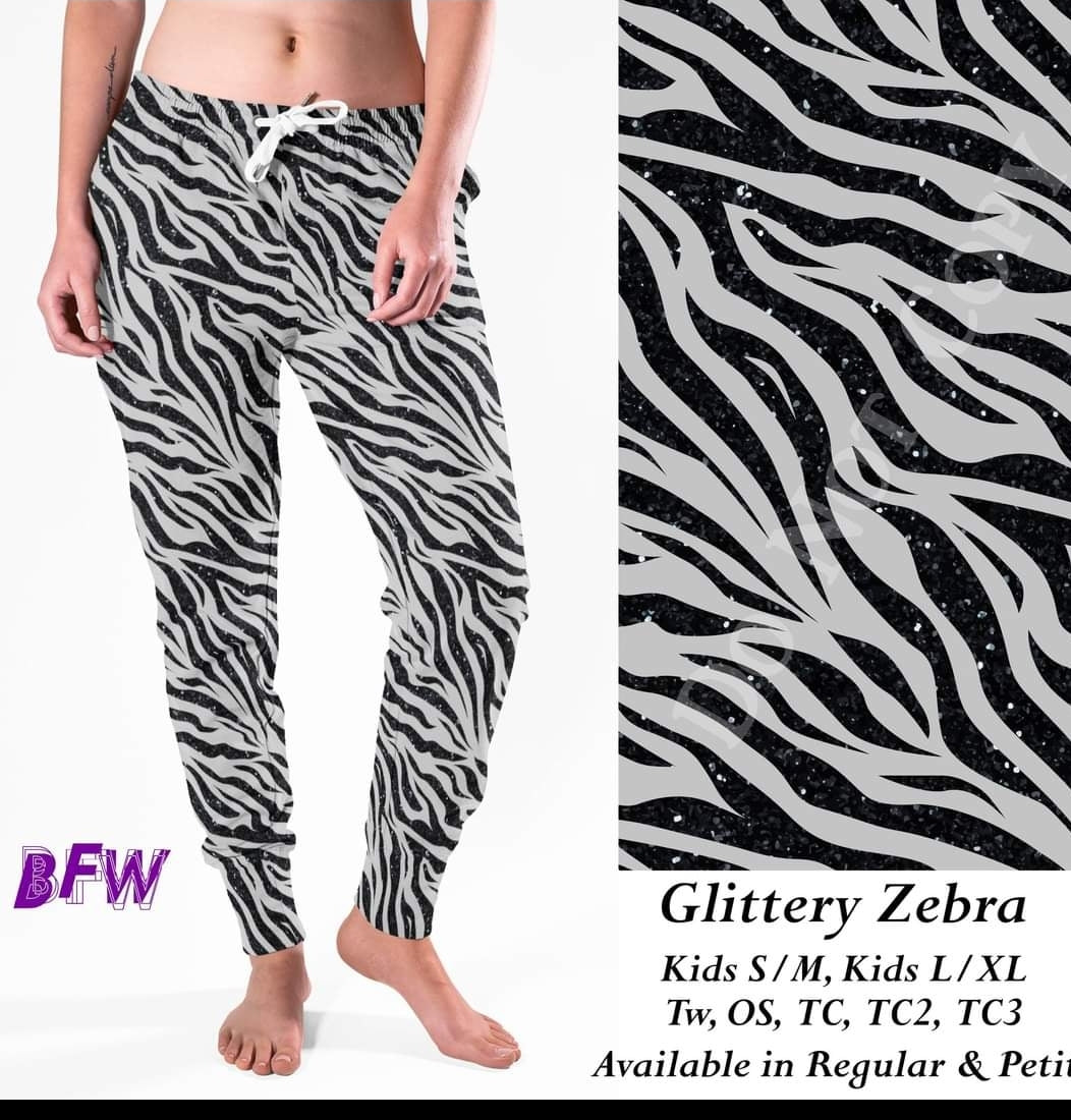 Glittery Zebra leggings, Capris, Full and Capri length loungers and joggers Preorder #1011