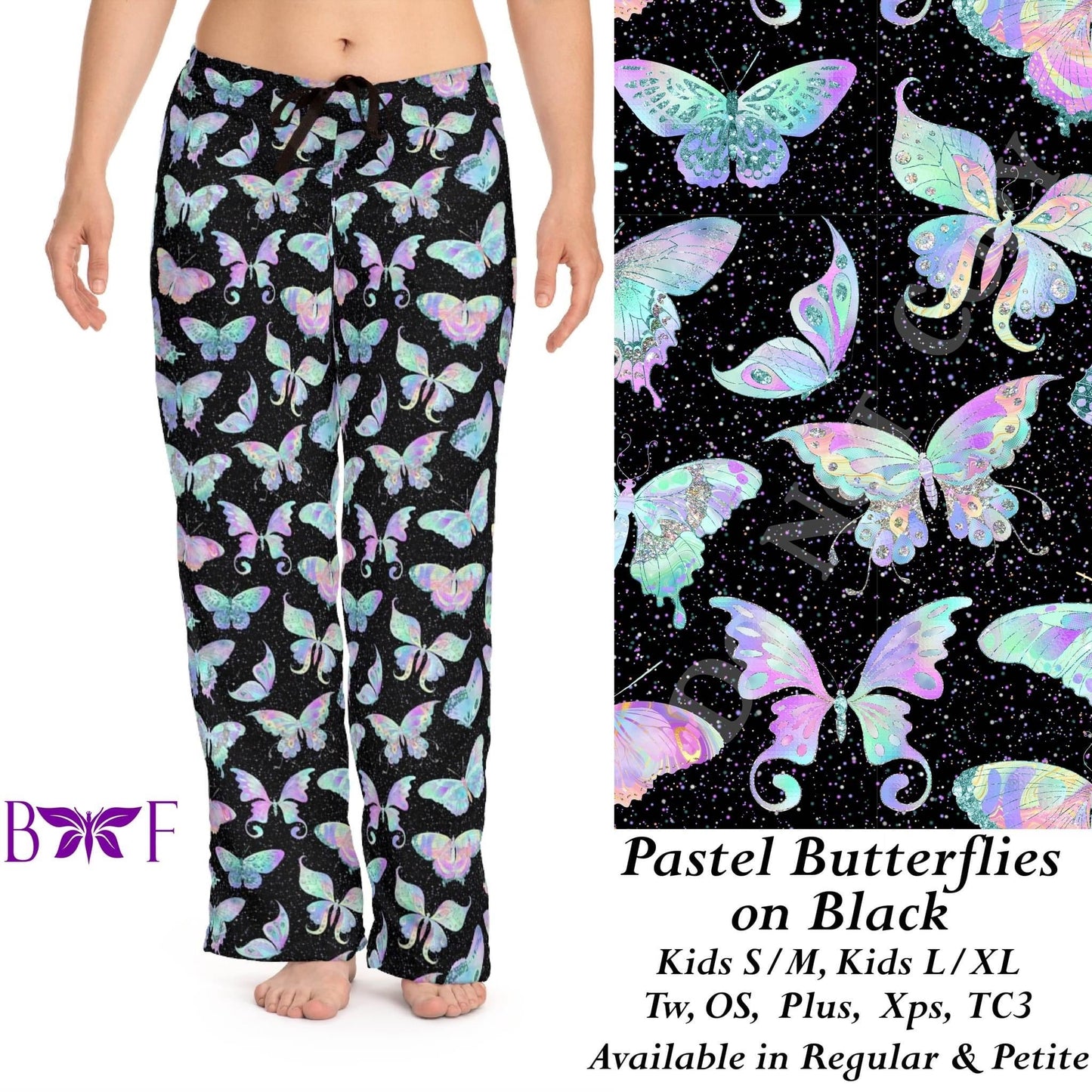 Pastel Butterflies on Black- Leggings, Capri, Full/Capri Length Loungers & Joggers