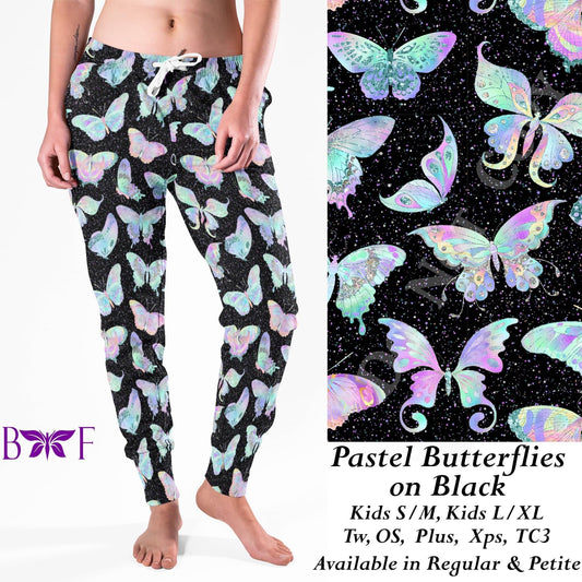 Pastel Butterflies on Black- Leggings, Capri, Full/Capri Length Loungers & Joggers