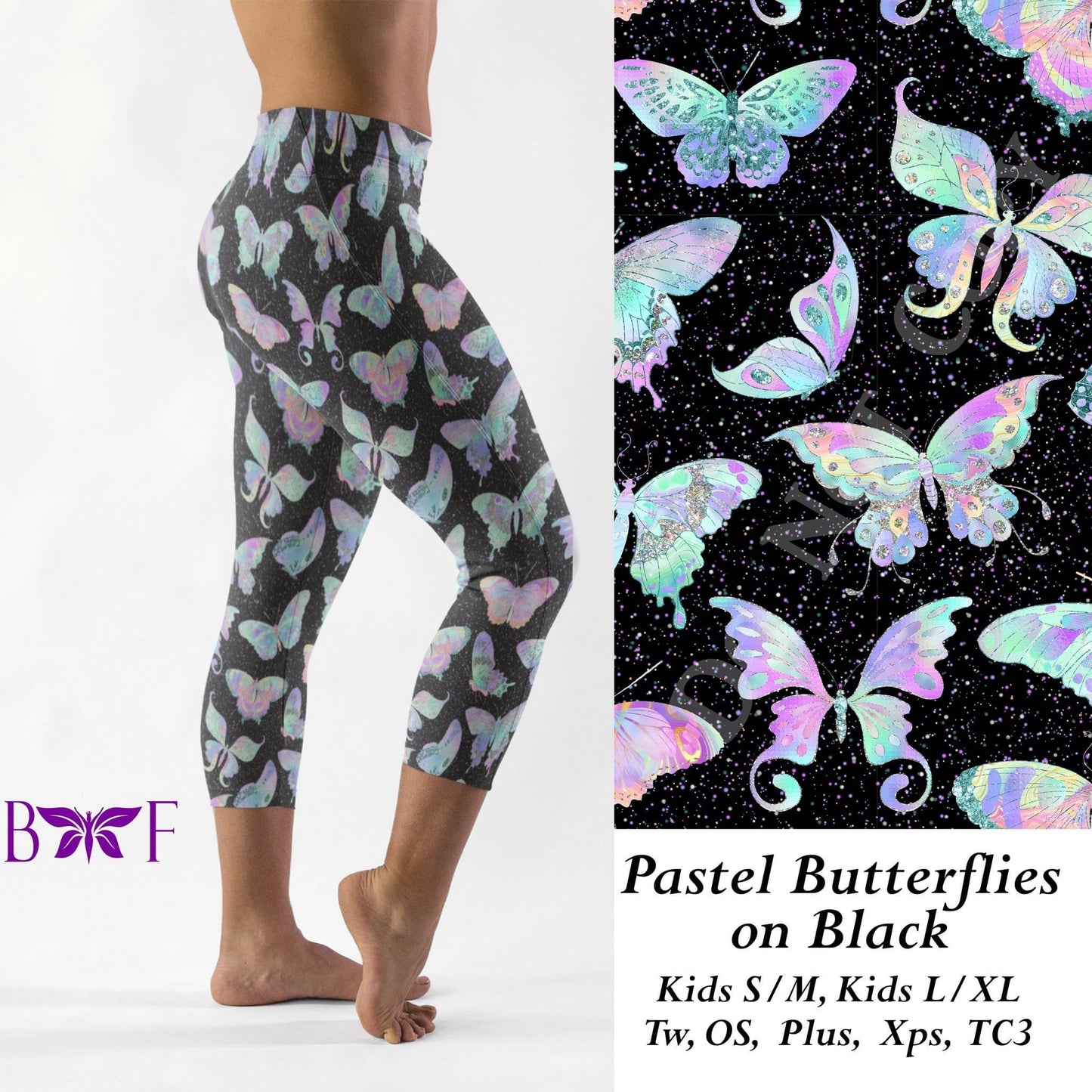 Pastel Butterflies on Black- Leggings, Capri, Full/Capri Length Loungers & Joggers