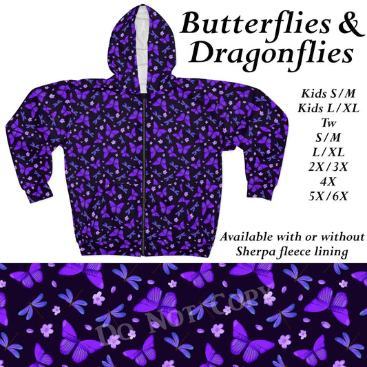 Butterflies and Dragonflies zip up hoodie with or without sherpa fleece lining Preorder #0914