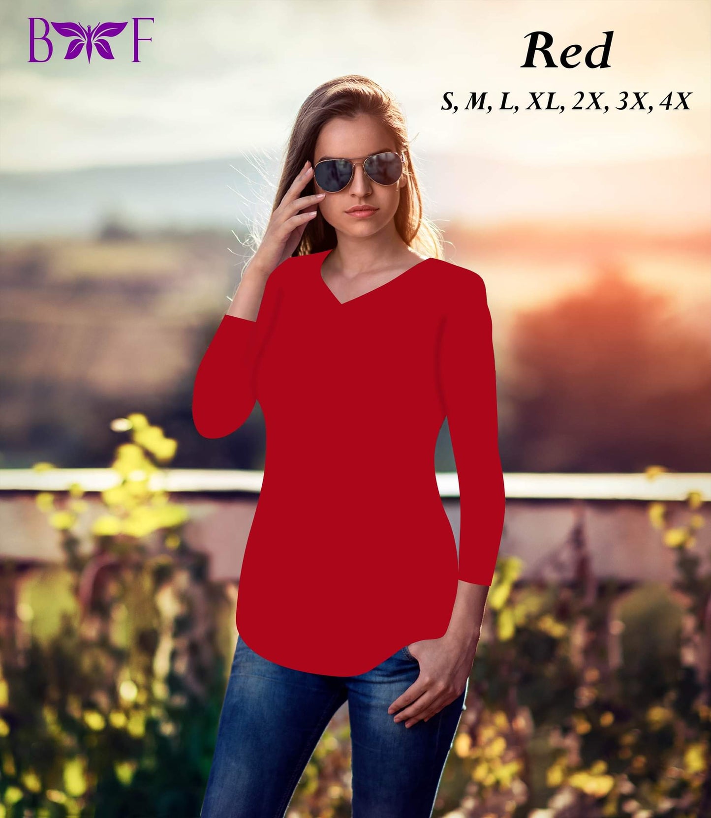 Red v-neck and a rounded bottom!