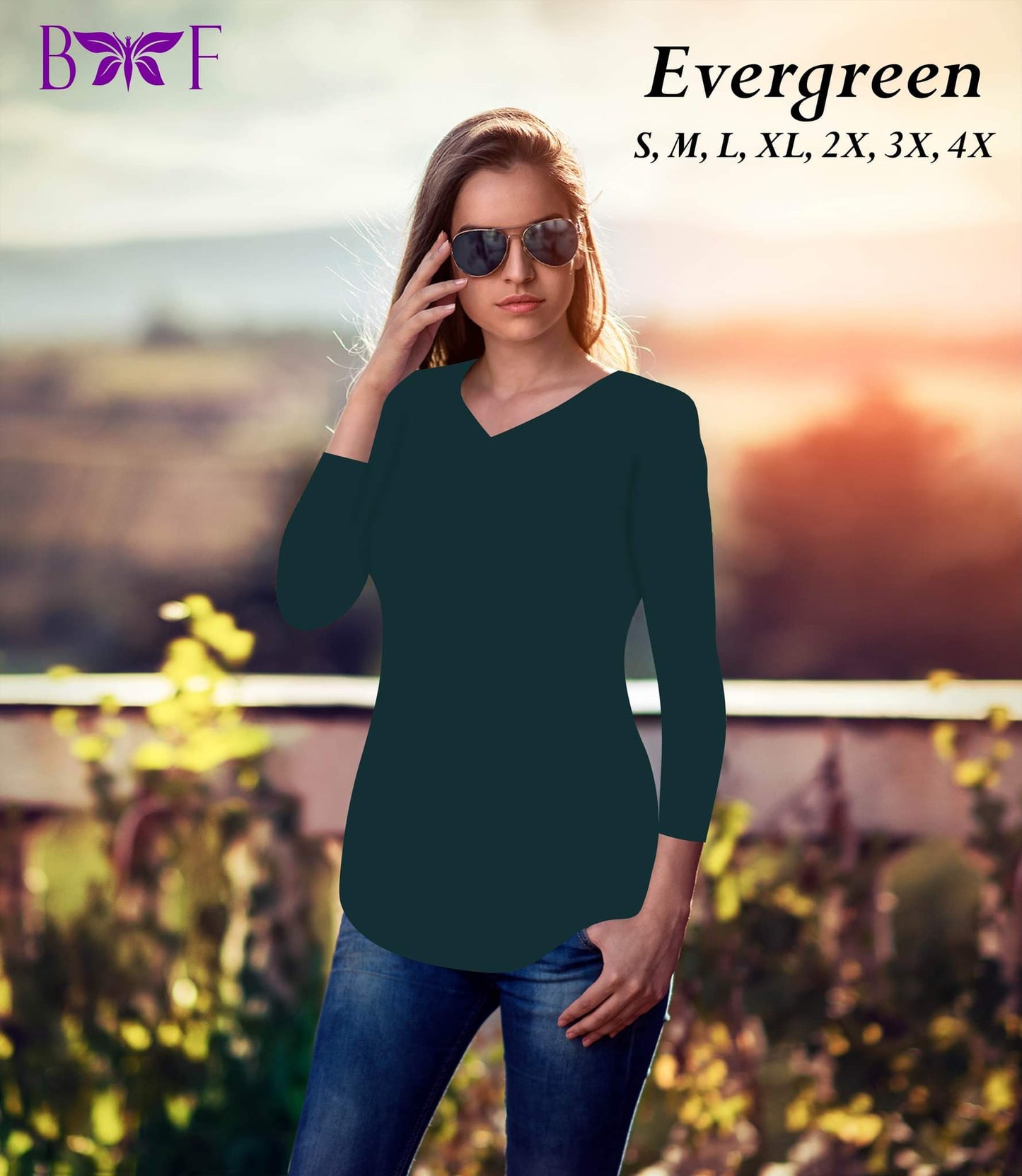 Evergreen v-neck and a rounded bottom!