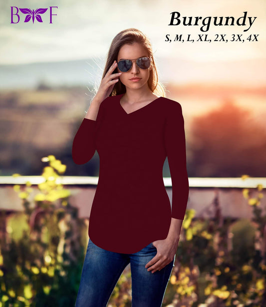 Burgundy v-neck and a rounded bottom!